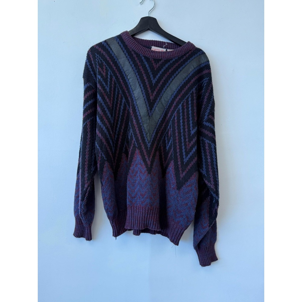 Vintage Campus Sweater Mens Large Geometric Acrylic Leather‎ Pullover 80s Taiwan